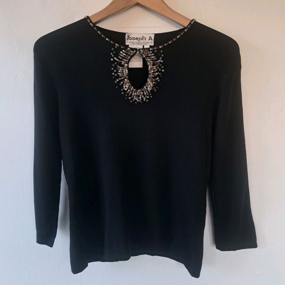 Joseph A Vintage Silk Blend Large Keyhole Black Blouse Top Glam Shirt Slim Fit